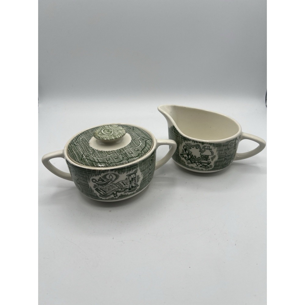 Vtg The Old Curiosity Royal USA Shop Sugar And Creamer Set Green On White Read